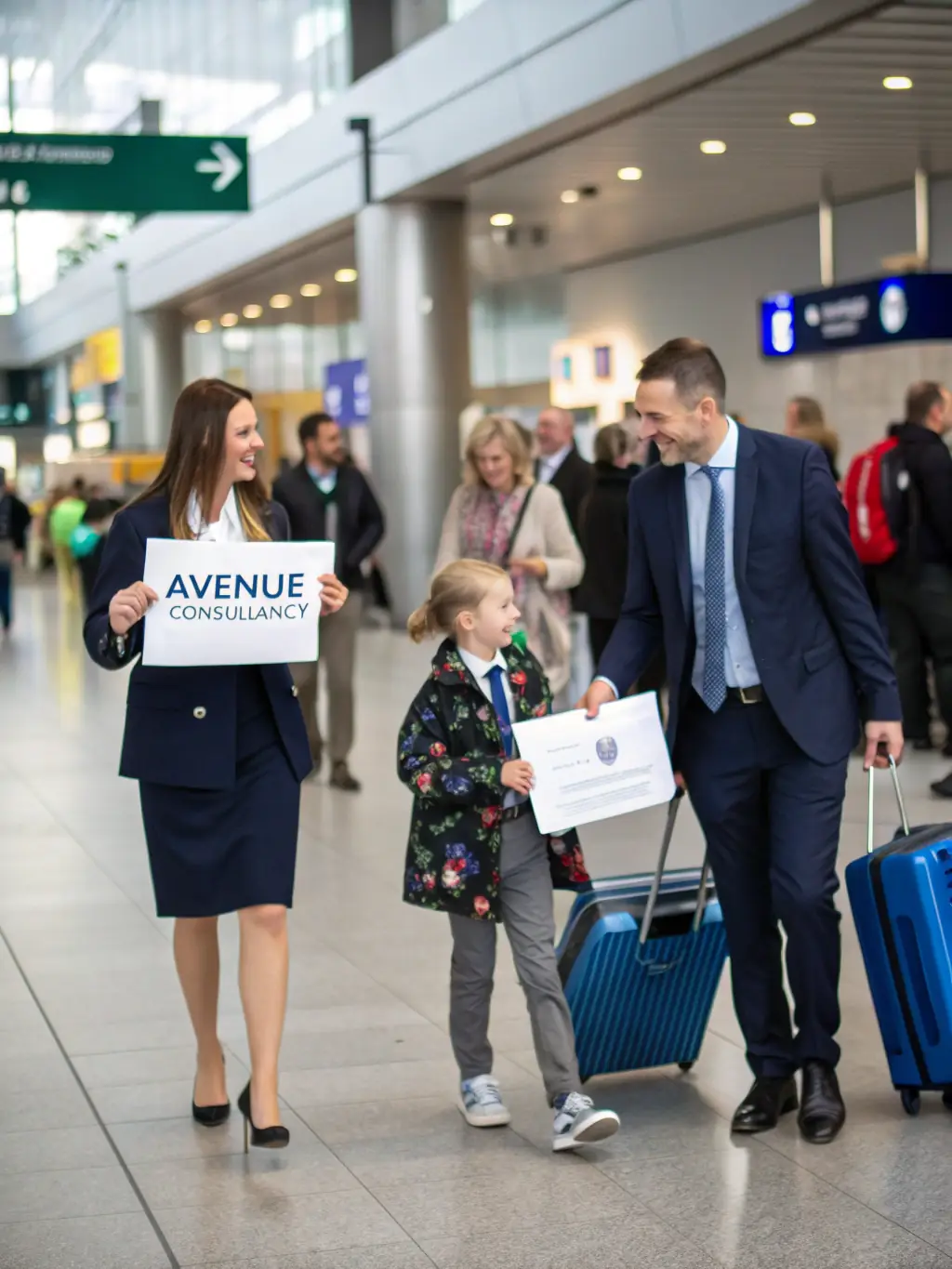 A family happily arriving at Auckland International Airport, greeted by a ColumbusMigrate consultant holding a welcome sign, representing the successful family reunification services offered by the company.