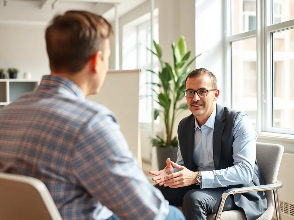 A consultant sitting with a client reviewing documents and discussing their immigration plan, emphasizing personalized service.