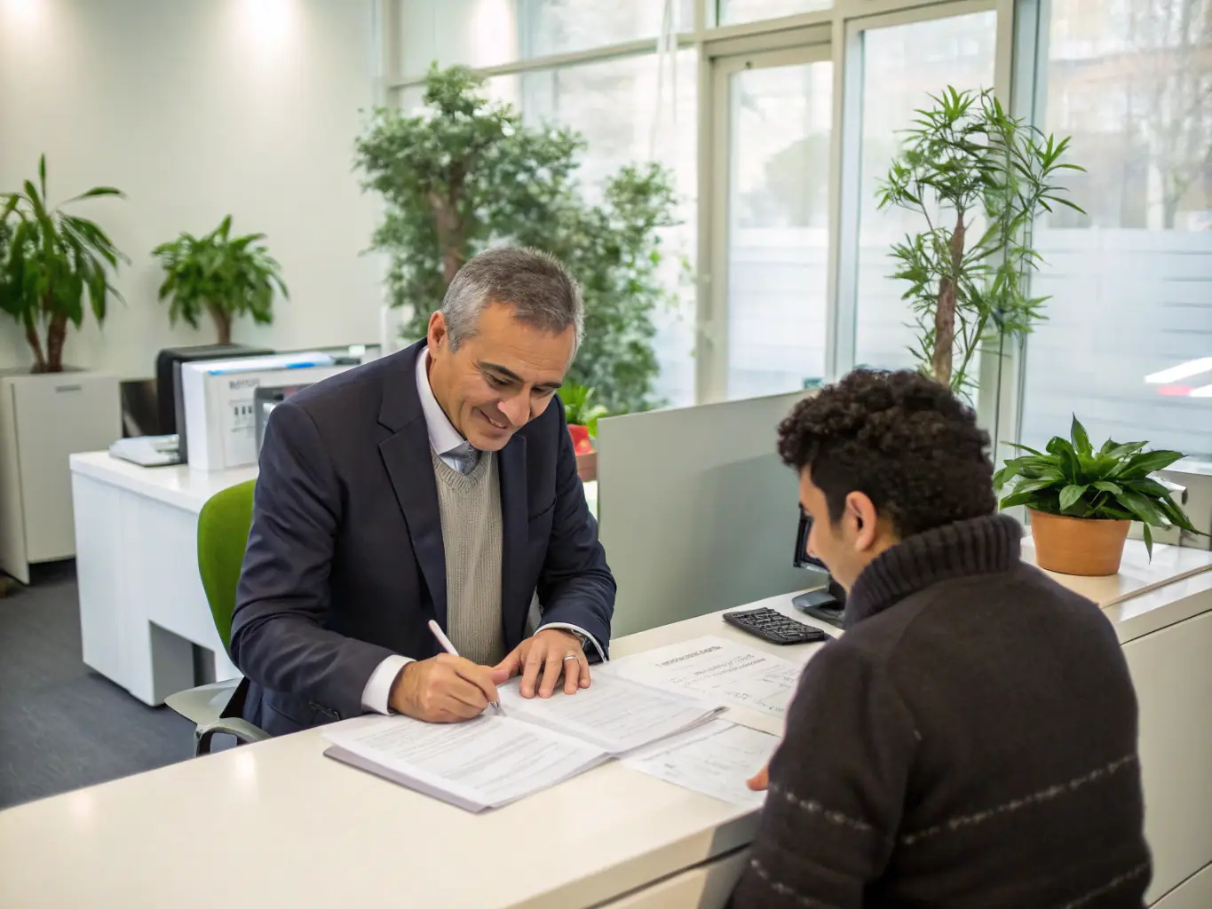 A professional and friendly immigration consultant shaking hands with a client in a modern office setting, symbolizing trust and partnership.